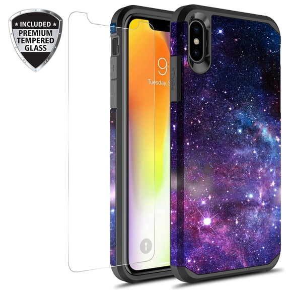 iPhone Xs Max Case With Tempered Glass Screen Protector, KAESAR Slim Hybrid Dual Layer Graphic Fashion Colorful Cover Armor Case for Apple iPhone X S Max (Stardust)