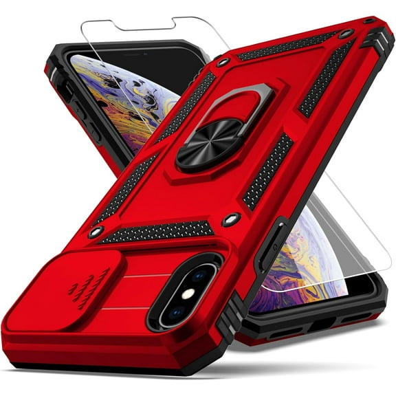 for iPhone Xs Max Case,with Camera Lens Cover HD Screen Protector,[Military Grade] Ring Car Mount Kickstand Hybrid Hard PC Soft TPU Shockproof Protective Case for iPhone Xs Max, Red