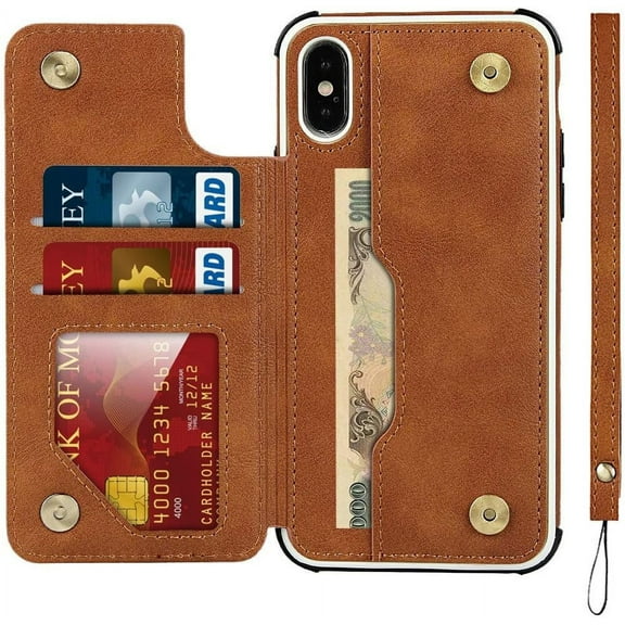 iPhone Xs Max Luxury PU Leather Wallet Case with Card Holder,2 Magnetic Clasp,Card Cash Slots,Stand Function Flip Wrist Lanyard Strap Back Case for iPhone Xs Max 6.5",Khaki