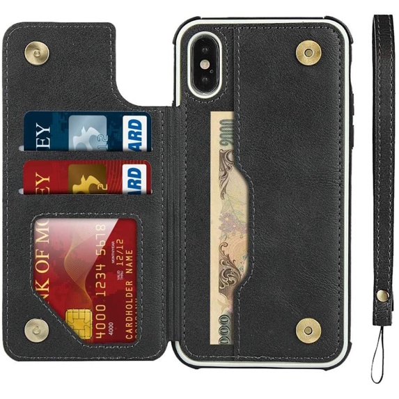 iPhone Xs Max Luxury PU Leather Wallet Case with Card Holder,2 Magnetic Clasp,Card Cash Slots,Stand Function Flip Wrist Lanyard Strap Back Case for iPhone Xs Max 6.5",Black