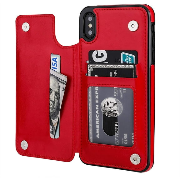 iPhone Xs Max Wallet Case with Card Holder,REQO Premium PU Leather Kickstand Card Slots Case,Double Magnetic Clasp and Durable Shockproof Cover 6.5 Inch(Red)