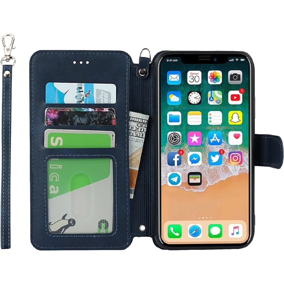 for iPhone Xs Max Wallet Case with Card Holder Slots,Kickstand Phone Cover Premium Leather Magnetic Closure Slim Flip Shockproof Wrist Strap Case for iPhone Xs Max 6.5",Blue