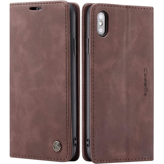 iPhone Xs Wallet Case iPhone X Leather Case, Folio Case with Kickstand Credit Card Holder Magnetic Closure Folding Flip Book Cover Case for Apple iPhone X iPhone Xs - Coffee