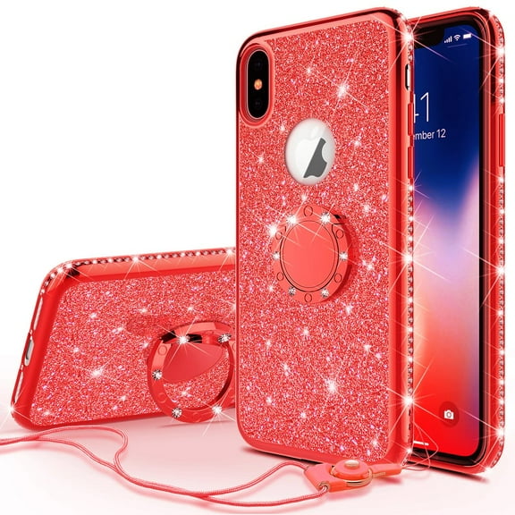 iPhone Xs / iPhone X Case, Cute Glitter for Girls Women w/Kickstand,Bling Diamond Rhinestone Bumper With Ring Stand Protective Sparkly Pink Apple iPhone X/Xs - Red