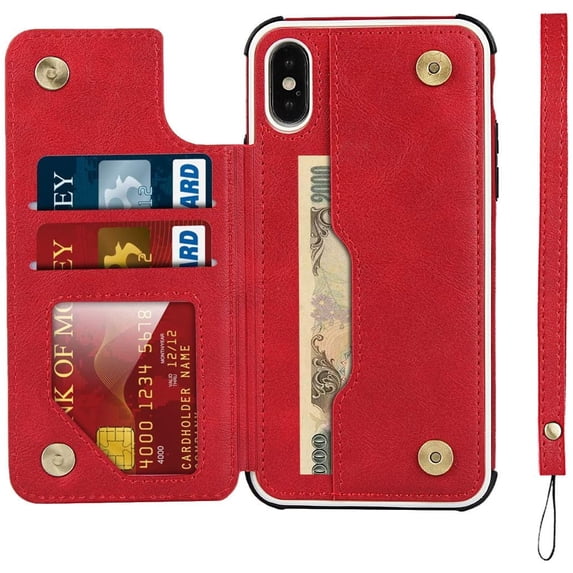iPhone Xs/iPhone X Luxury PU Leather Wallet Case with Card Holder,2 Magnetic Clasp,Card Cash Slots,Stand Function Flip Wrist Lanyard Strap Back Case for iPhone X/iPhone Xs 5.8",Red