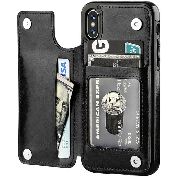 iPhone Xs iPhone X Wallet Case with Card Holder,OT ONETOP Premium PU Leather Kickstand Card Slots Case,Double Magnetic Clasp and Durable Shockproof Cover(Black) iPhone Xs/X 5.8" Black