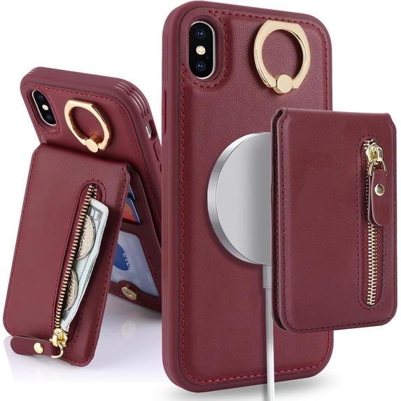 iPhone Xs max case with Card Holder, iPhone Xs max Phone Case Wallet for Women magsafe Compatible Wallet Detachable 2-in-1 for Men-Red Wine