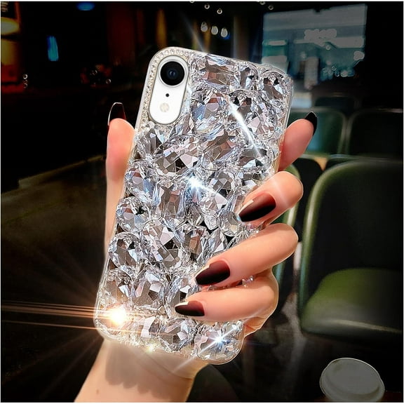iPhone xr Diamond Case for Women 3D Glitter Sparkle Bling Case Luxury Shiny Crystal Diamond Bumper Clear Gems Cute Protective Girly Case Girls Cover(Sliver)