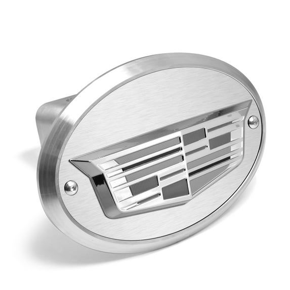 iPick Image for Cadillac 3D Crest Logo in Silver on Brush Plate Oval Billet Aluminum 2-inch Tow Hitch Cover, Official Licensed