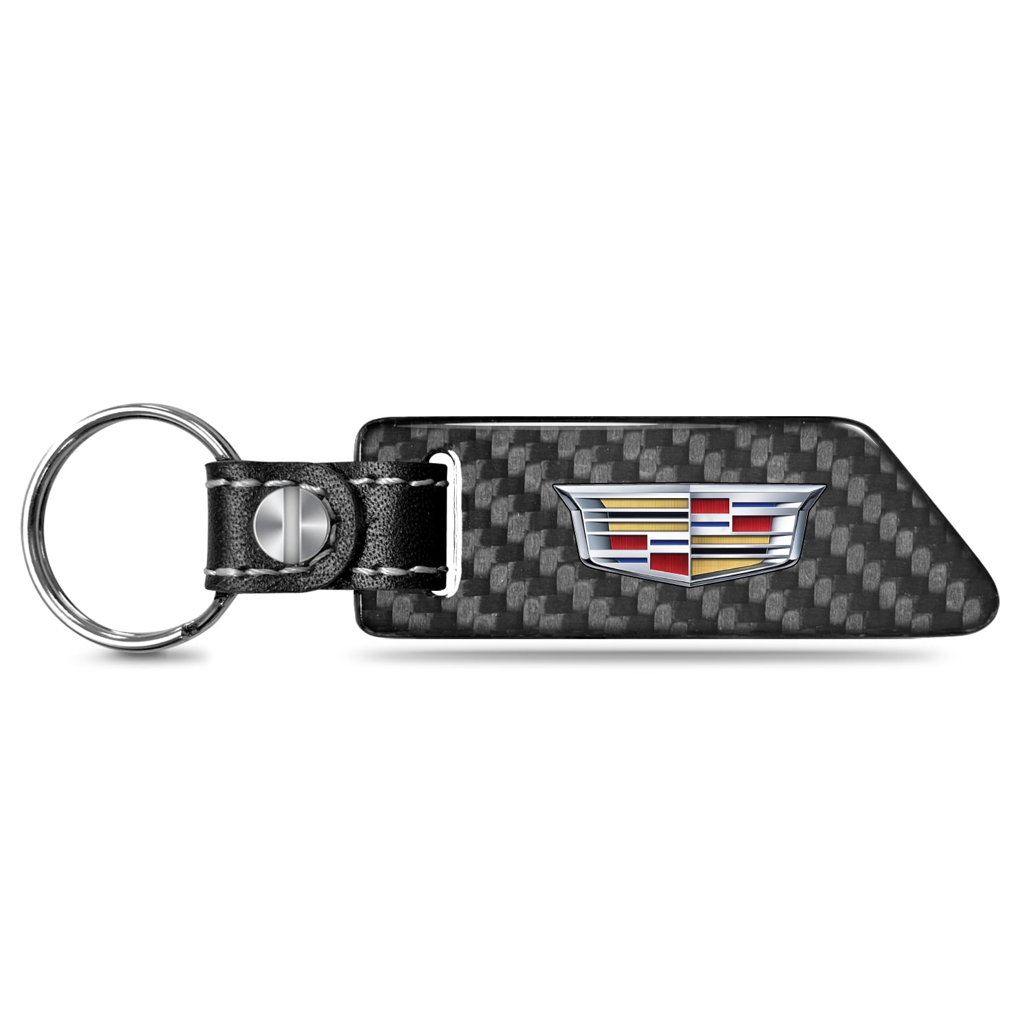 iPick Image for Cadillac Crest Logo Black Real Carbon Fiber Blade Style with Black Leather Strap Key Chain, Official Licensed