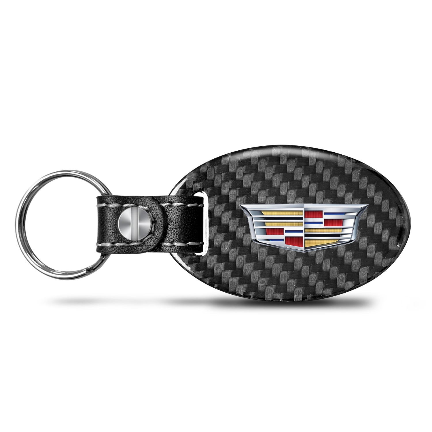 iPick Image for Cadillac Crest Logo Black Real Carbon Fiber Oval Shape with Black Leather Strap Key Chain, Official Licensed