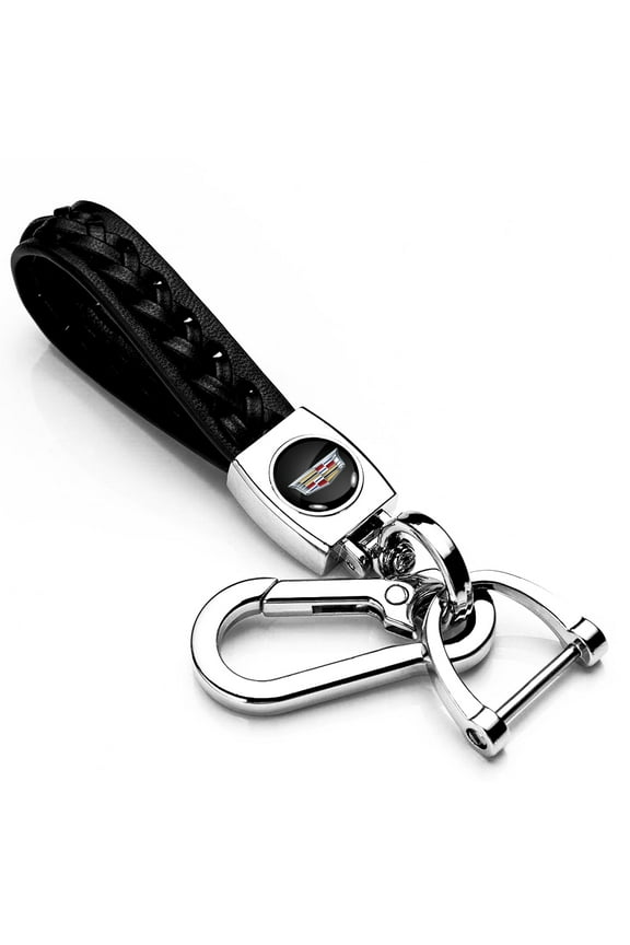 for Cadillac Crest Logo Braided Rope Style Genuine Black Leather Key Chain, Official Licensed