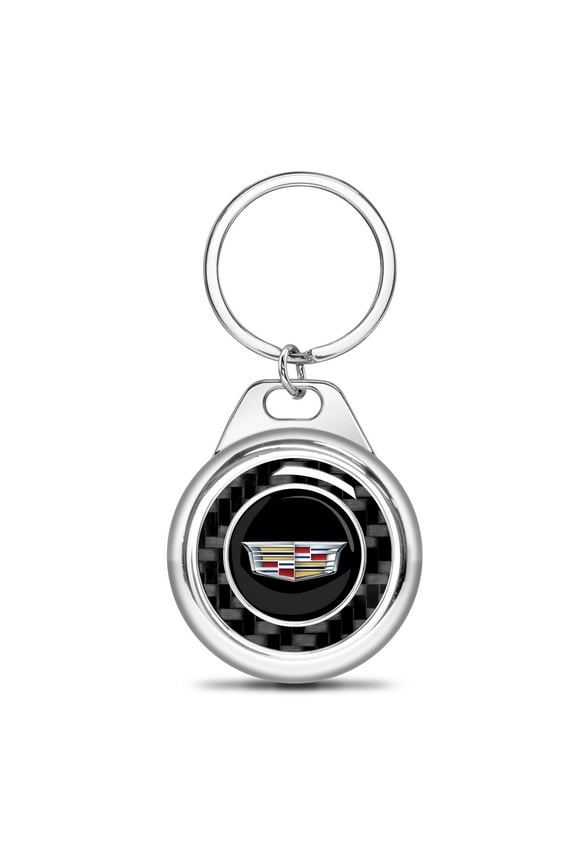 for Cadillac Crest Logo Real Black Carbon Fiber Chrome Roundel Metal Case Key Chain, Official Licensed
