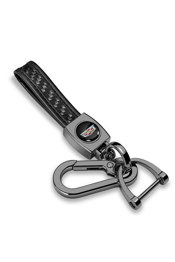 for Cadillac Crest Logo Real Black Carbon Fiber Strap Gunmetal Black Hook Key Chain, Official Licensed