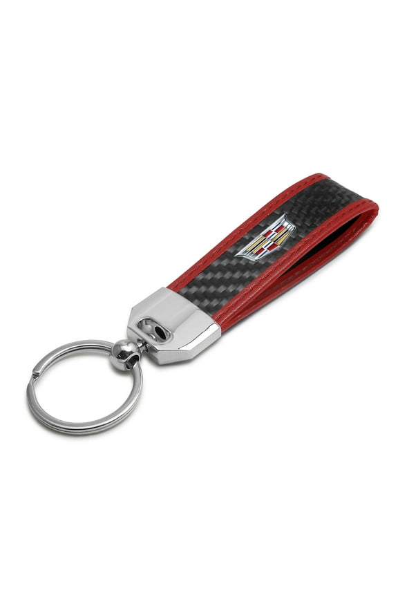 for Cadillac Crest Logo Real Carbon Fiber Strap with Red Leather Stitching Edge Key Chain, Official Licensed