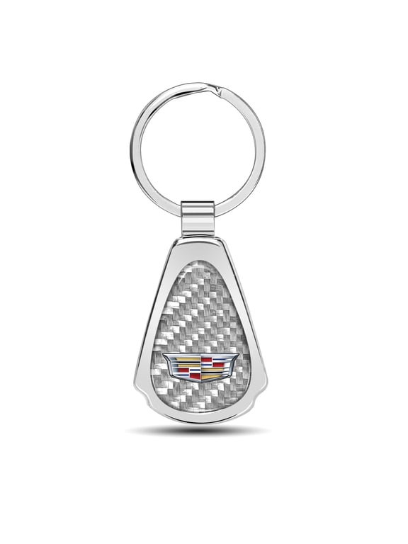 for Cadillac Crest Logo Real Silver Dome Carbon Fiber Chrome Metal Teardrop Key Chain, Official Licensed
