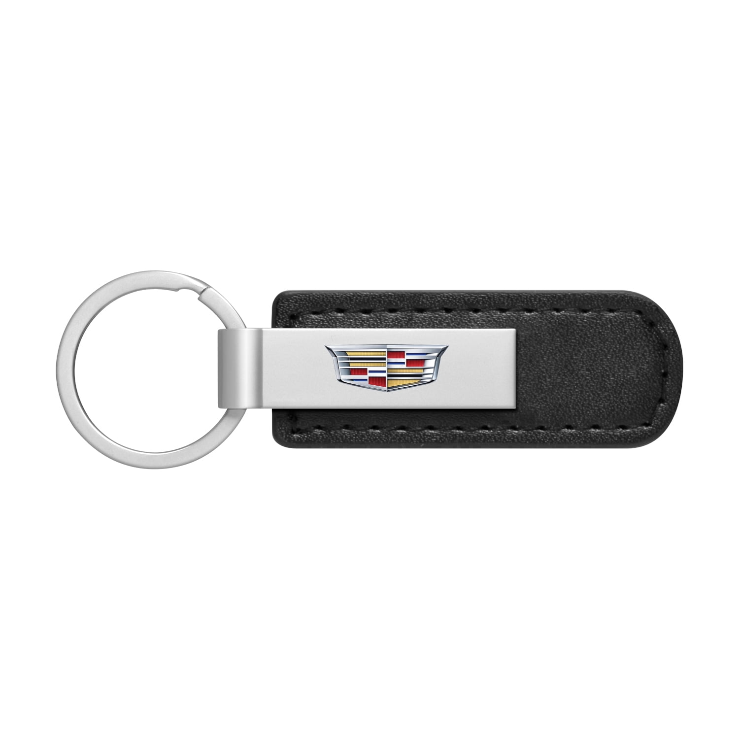 iPick Image for Cadillac Crest Logo Silver Metal Plate Black PU Leather Strap Key Chain, Official Licensed