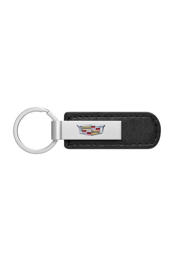 for Cadillac Crest Logo Silver Metal Plate Black PU Leather Strap Key Chain, Official Licensed