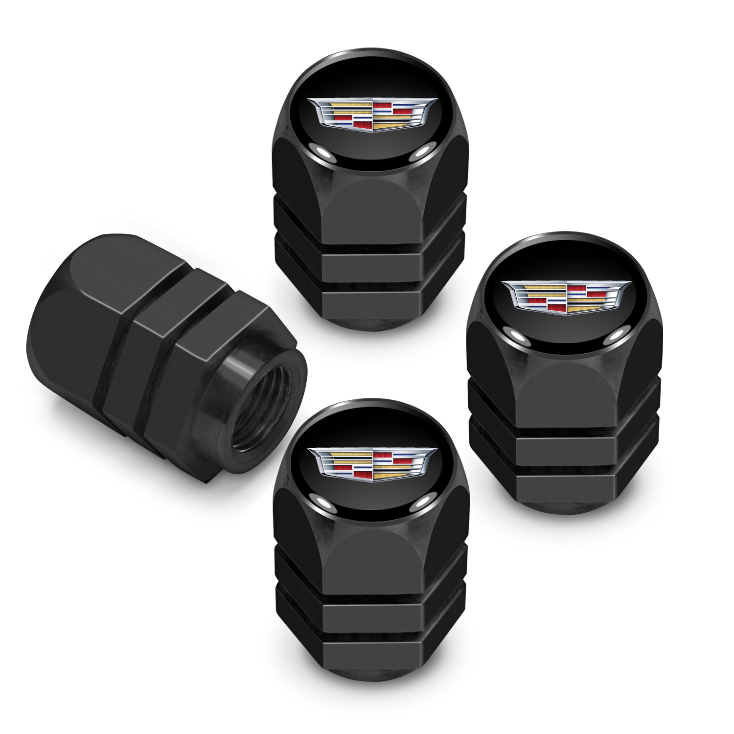 iPick Image for Cadillac Crest Logo in Black on Black Hexagon Shape Aluminum Tire Valve Stem Caps, Official Licensed