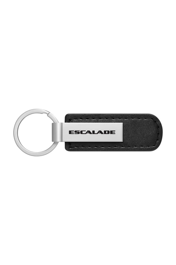 for Cadillac Escalade Silver Metal Plate Black PU Leather Strap Key Chain, Official Licensed
