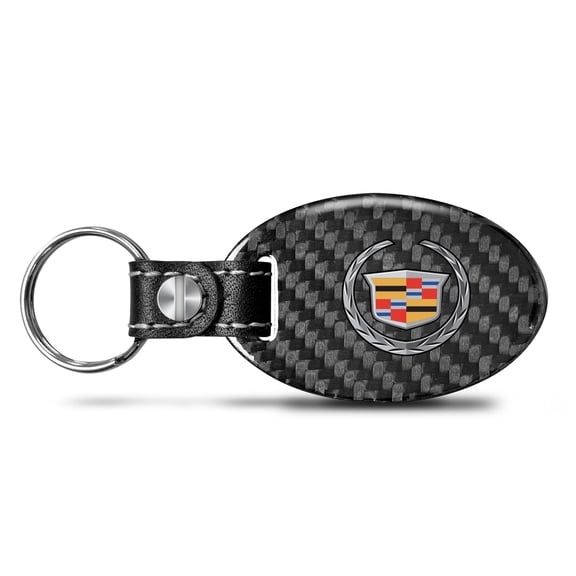 iPick Image for Cadillac Logo Black Real Carbon Fiber Oval Shape with Black Leather Strap Key Chain, Official Licensed