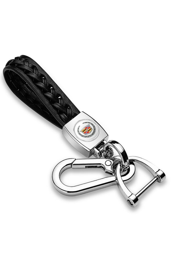 for Cadillac Logo Braided Rope Style Genuine Black Leather Key Chain, Official Licensed