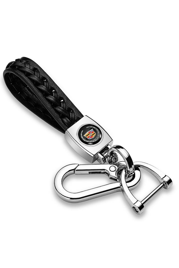 for Cadillac Logo Braided Rope Style Genuine Black Leather Key Chain, Official Licensed