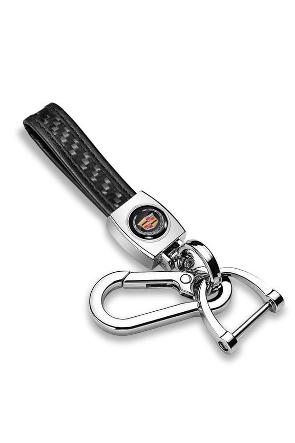 for Cadillac Logo Real Black Carbon Fiber Strap Chrome Finish Hook Key Chain, Official Licensed