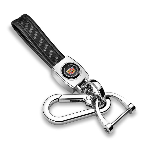 iPick Image for Cadillac Logo Real Black Carbon Fiber Strap Chrome Finish Hook Key Chain, Official Licensed