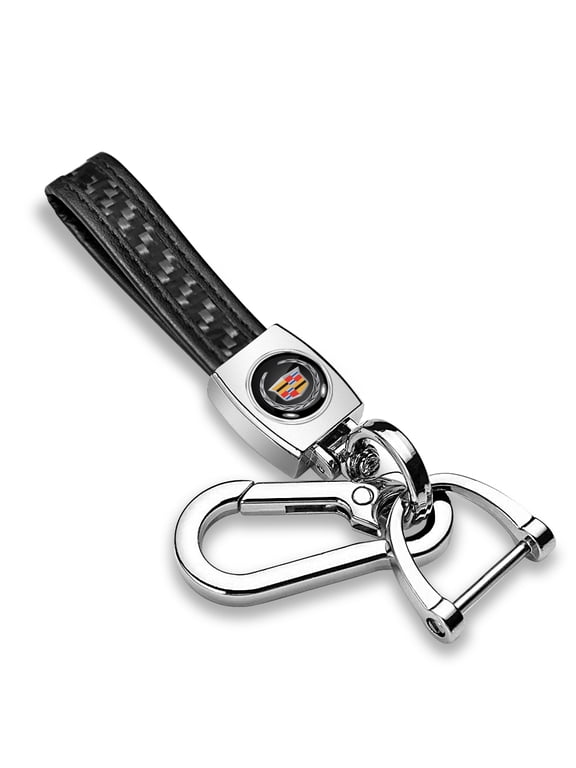 for Cadillac Logo Real Black Carbon Fiber Strap Chrome Finish Hook Key Chain, Official Licensed
