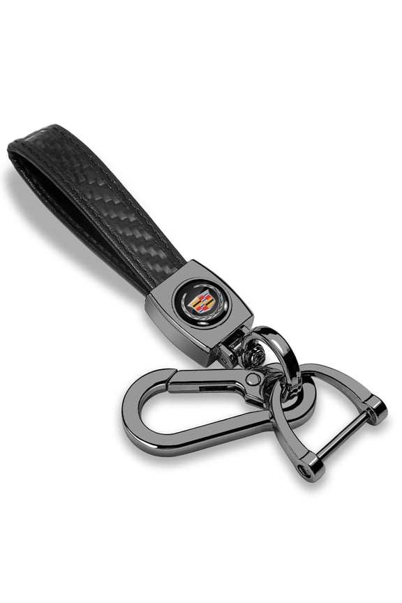 for Cadillac Logo Real Black Carbon Fiber Strap Gunmetal Black Hook Key Chain, Official Licensed