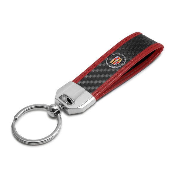 iPick Image for Cadillac Logo Real Carbon Fiber Strap with Red Leather Stitching Edge Key Chain, Official Licensed