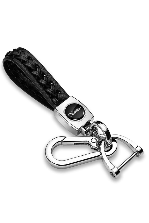 for Cadillac Script Logo Braided Rope Style Genuine Black Leather Key Chain, Official Licensed