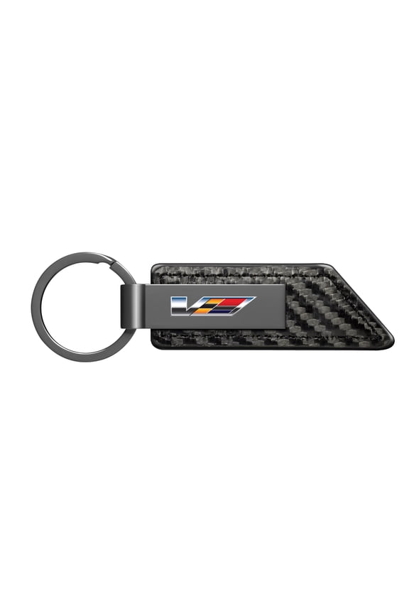 for Cadillac V Logo Black Chrome Metal Plate Carbon Fiber Texture PU Leather Key Chain, Official Licensed