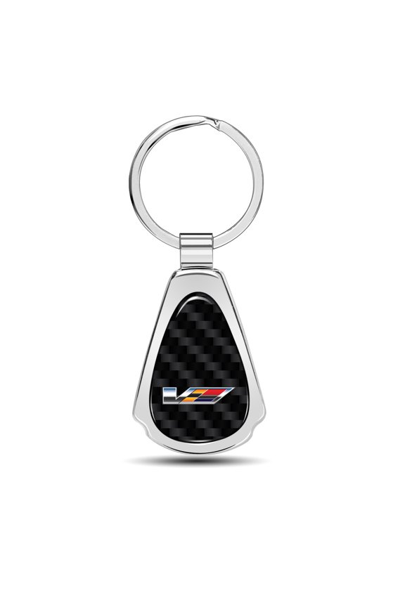 for Cadillac V Logo Real Black Carbon Fiber Chrome Metal Teardrop Key Chain, Official Licensed