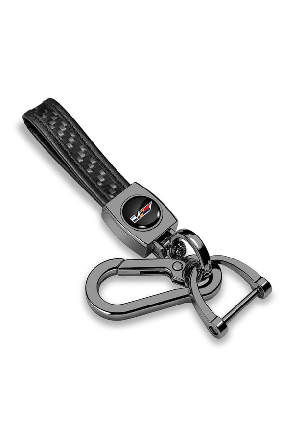 for Cadillac V Logo Real Black Carbon Fiber Strap Gunmetal Black Hook Key Chain, Official Licensed