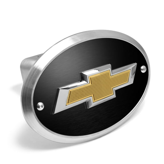 iPick Image for Chevrolet 3D Gold Logo on Black Plate Oval Brushed Silver Billet Aluminum 2-inch Tow Hitch Cover, Official Licensed