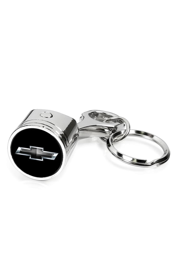 for Chevrolet Black Logo Engine Piston Style Chrome Metal Key Chain, Official Licensed