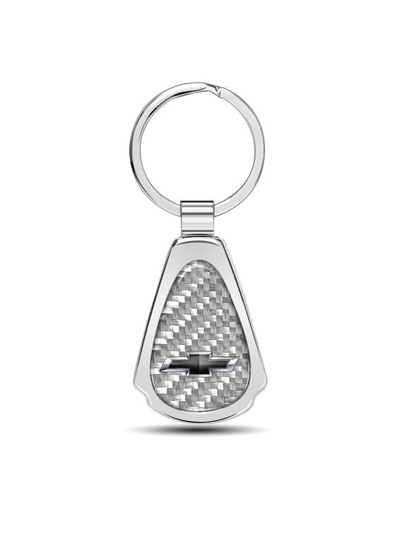 for Chevrolet Black Logo Real Silver Dome Carbon Fiber Chrome Metal Teardrop Key Chain, Official Licensed