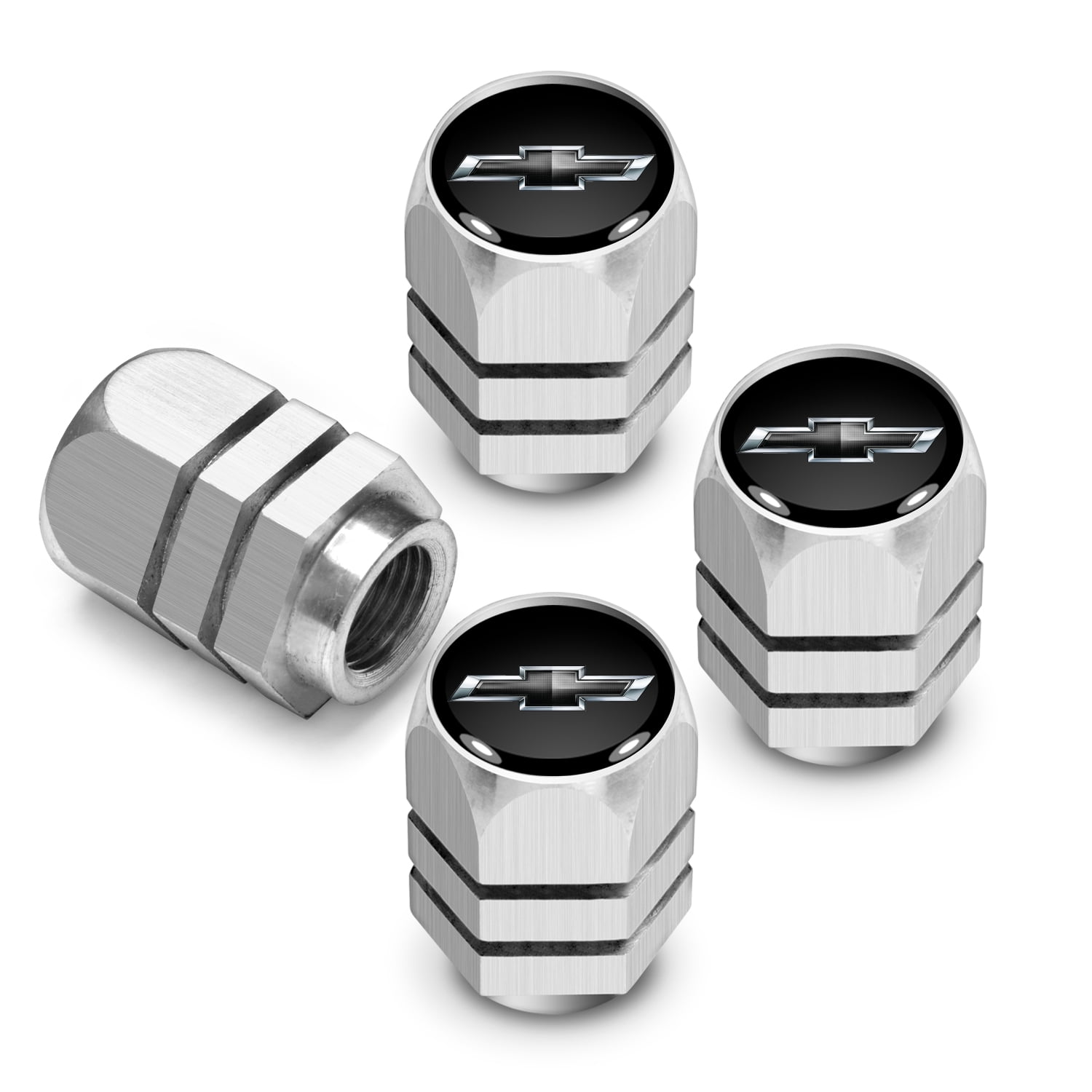 iPick Image for Chevrolet Black Logo in Black on Silver Hexagon Shape Aluminum Tire Valve Stem Caps, Official Licensed
