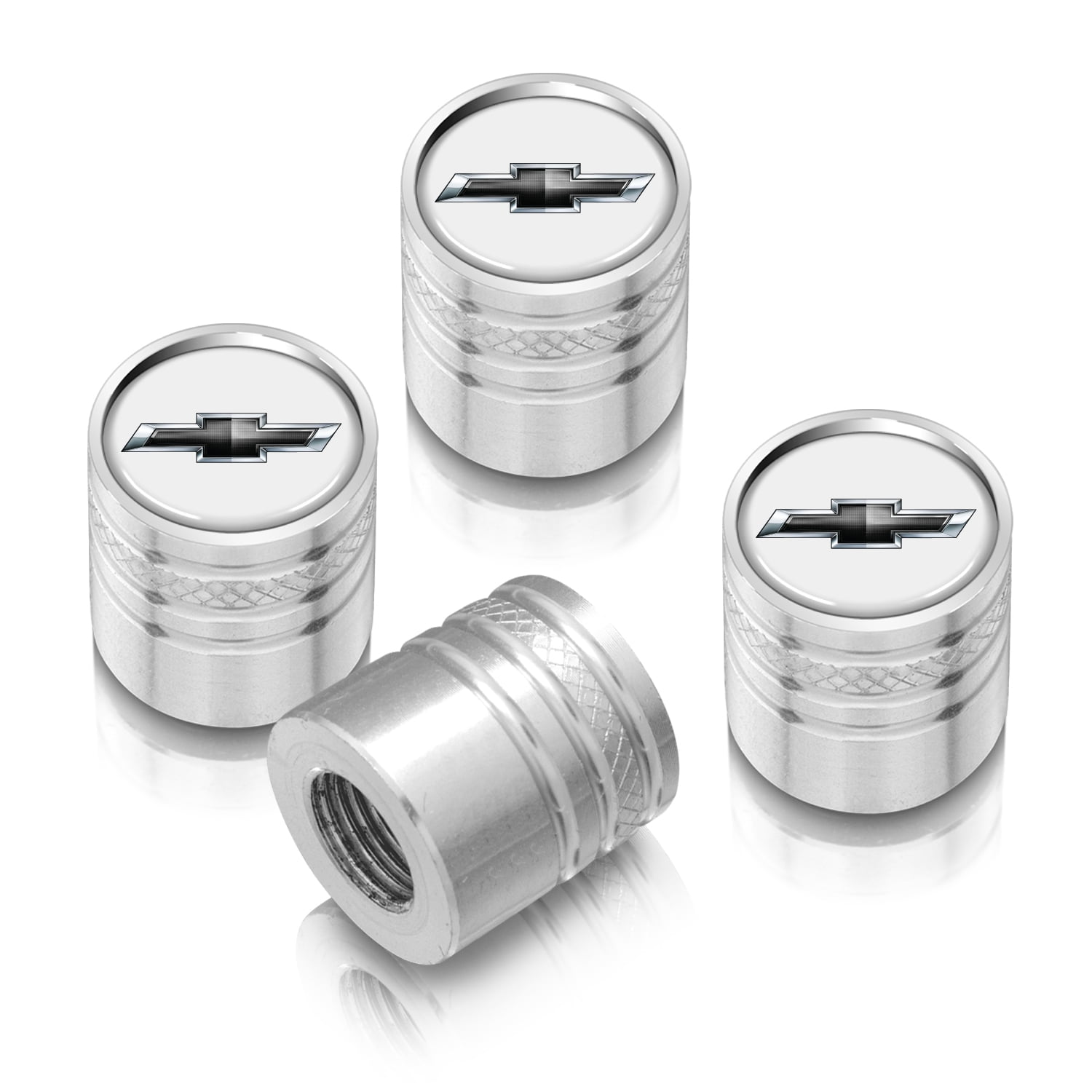 iPick Image for Chevrolet Black Logo in White on Shining Silver Aluminum Cylinder-Style Tire Valve Stem Caps, Official Licensed