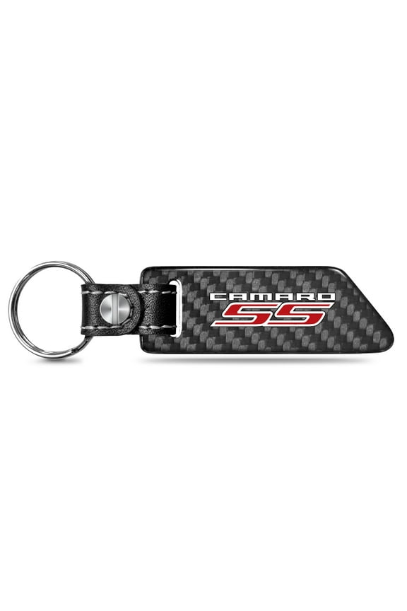 for Chevrolet Camaro SS Black Real Carbon Fiber Blade Style with Black Leather Strap Key Chain, Official Licensed