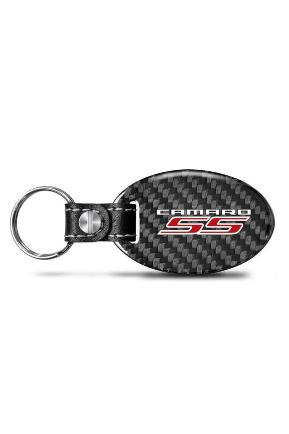for Chevrolet Camaro SS Black Real Carbon Fiber Oval Shape with Black Leather Strap Key Chain, Official Licensed