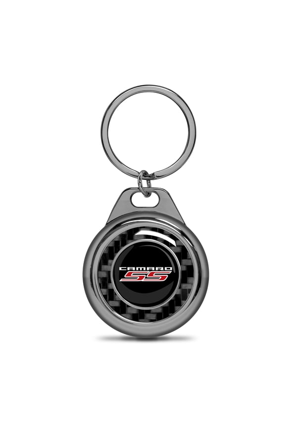 for Chevrolet Camaro SS Real Black Carbon Fiber Gunmetal Roundel Metal Case Key Chain, Official Licensed
