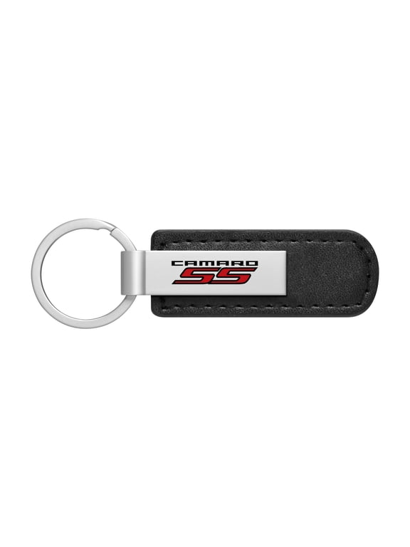 for Chevrolet Camaro SS Silver Metal Plate Black PU Leather Strap Key Chain, Official Licensed