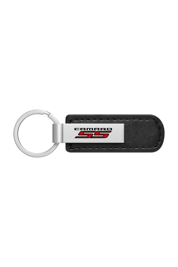 for Chevrolet Camaro SS Silver Metal Plate Black PU Leather Strap Key Chain, Official Licensed