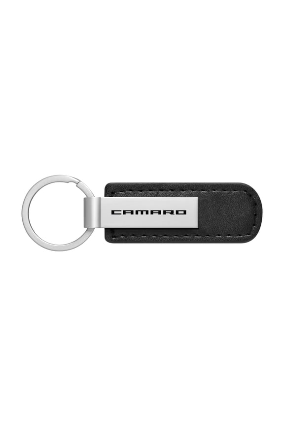 for Chevrolet Camaro Silver Metal Plate Black PU Leather Strap Key Chain, Official Licensed