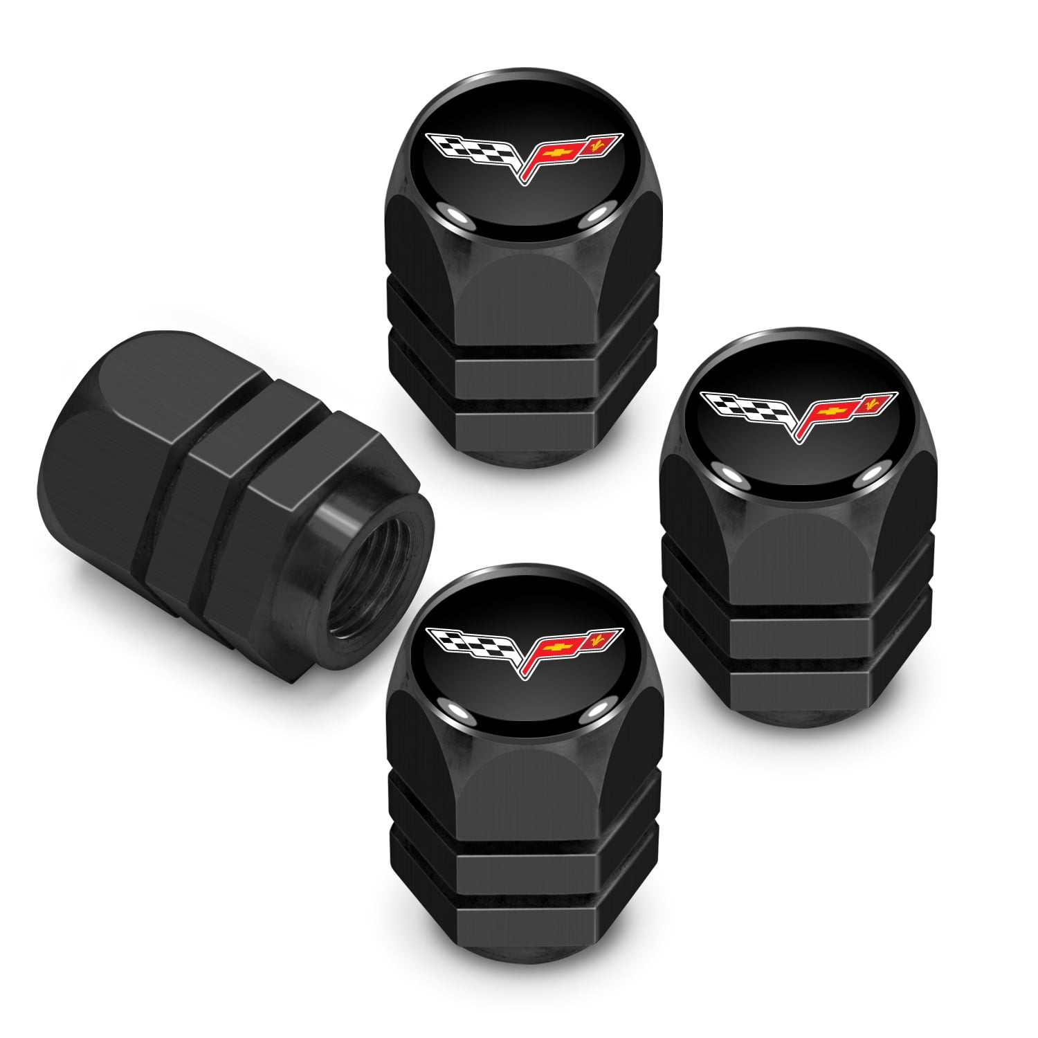 iPick Image for Chevrolet Corvette C6 Logo in Black on Black Hexagon Shape Aluminum Tire Valve Stem Caps, Official Licensed