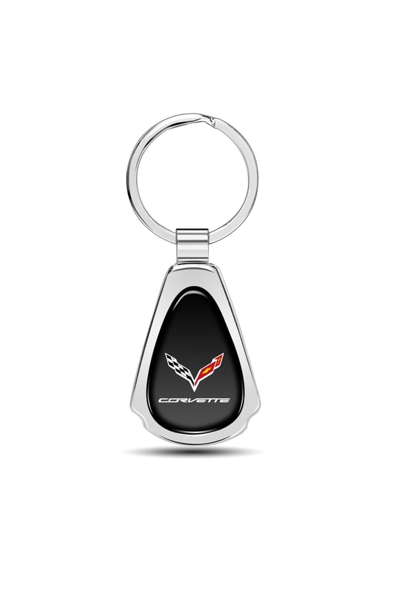 for Chevrolet Corvette C7 Black Dome Chrome Metal Teardrop Key Chain, Official Licensed