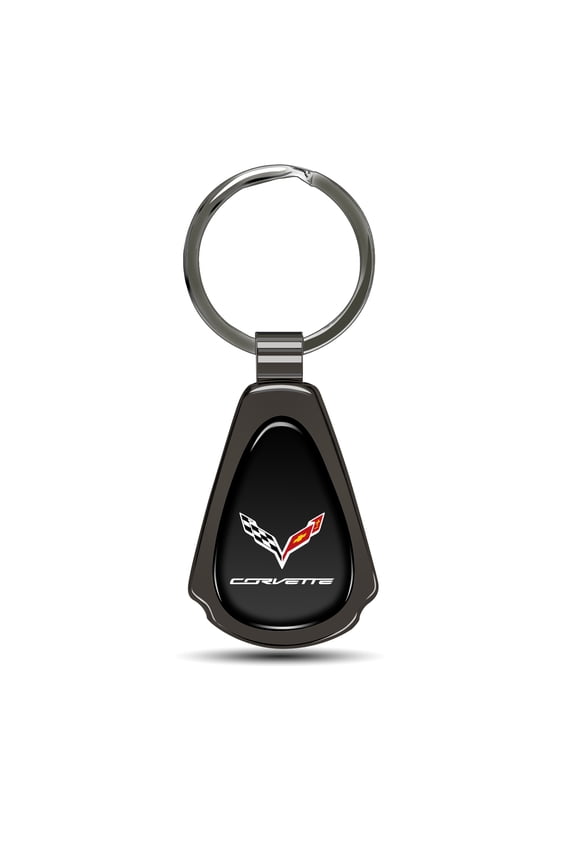 for Chevrolet Corvette C7 Black Dome Gunmetal Black Metal Teardrop Key Chain, Official Licensed